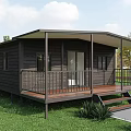 Modern Wooden House with Covered Porch Railing Wooden Deck Steps and Green Grass