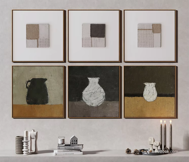 Six Framed Paintings With Geometric Squares And Vases For Home Wall Decor 3d model 