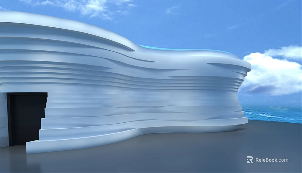 Modern White Wavy Curved Building Exterior Wall With Blue Sky And Ocean 3d model 