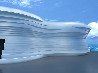Modern White Wavy Curved Building Exterior Wall With Blue Sky And Ocean 3d model
