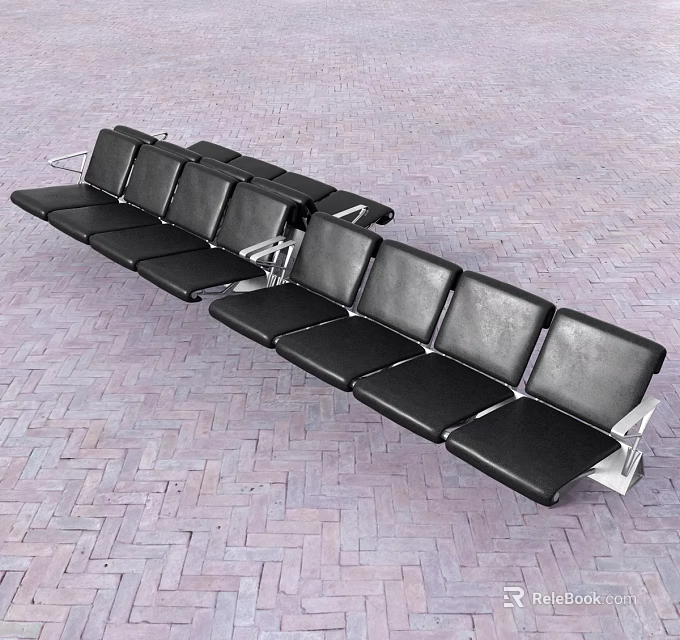 Black Public Seating With Multiple Seats And Metal Frame On Brick Pavement 3d model 