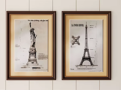 Framed Statue of Liberty and Eiffel Tower Blueprints as Wall Decor Art 3d model