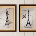 Framed Statue of Liberty and Eiffel Tower Blueprints as Wall Decor Art