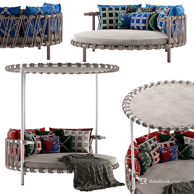 Unique Shaped Sofa Interior Design With Woven Structure Metal Frame And Colorful Cushions 3d model 