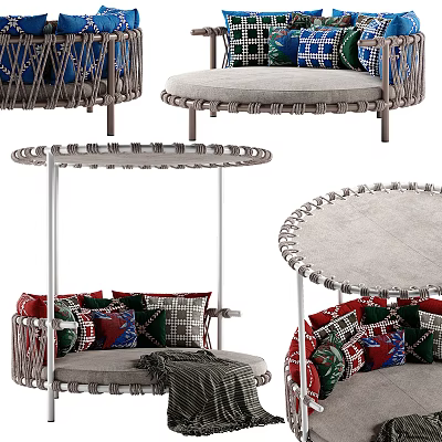 Unique Shaped Sofa Interior Design With Woven Structure Metal Frame And Colorful Cushions 3d model