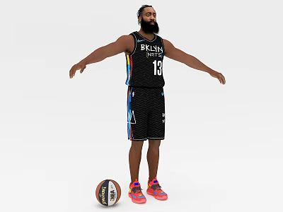 Man Basketball Player Wearing Black Jersey Number 13 Standing Arms Outstretched By Basketball 3d model
