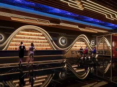 Futuristic Bar Interior Design With Starry Ceiling Curved Wine Racks And Reflective Flooring 3d model