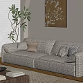 Spacious Plaid Pattern Sofa With Cushions Wooden Coffee Table Green Plant And Blinds