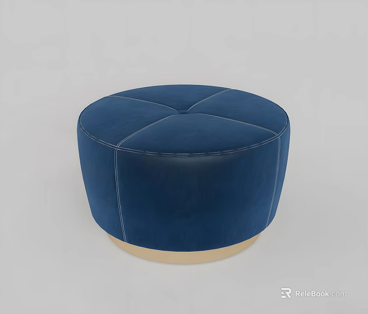 Stylish Blue Round Leather Ottoman With Wooden Base And Stitched Details 3d model 