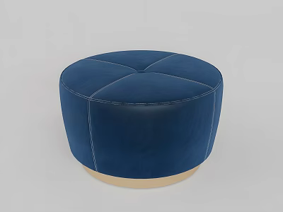 Stylish Blue Round Leather Ottoman With Wooden Base And Stitched Details 3d model