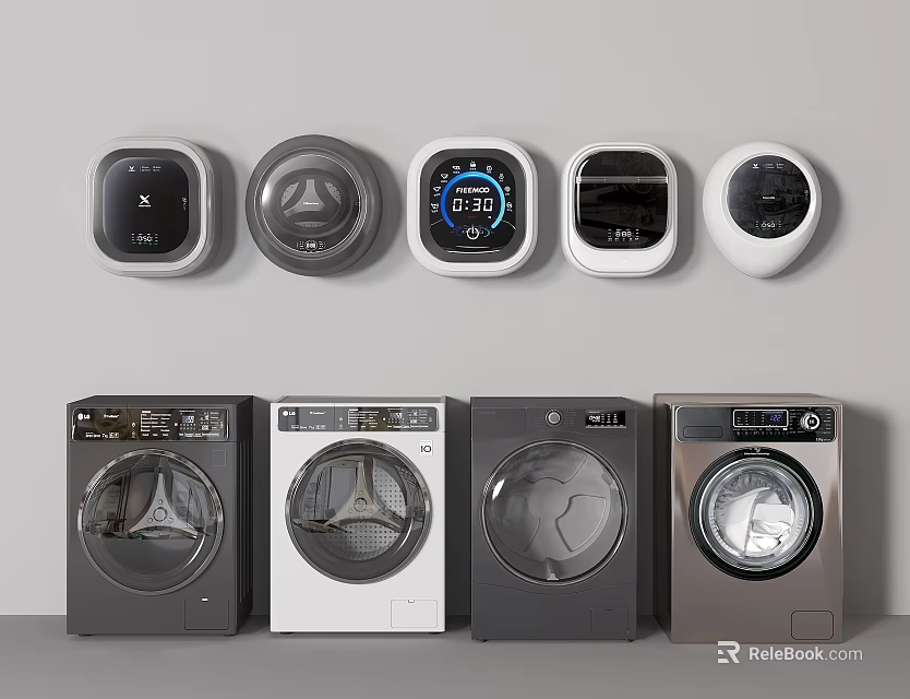 Modern Sleek Washing Machines With Various Colors And Smart Control Panels 3d model 