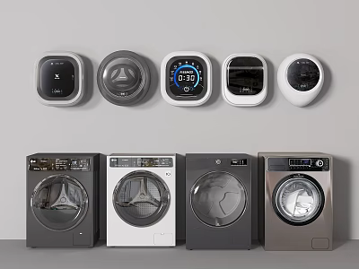 Modern Sleek Washing Machines With Various Colors And Smart Control Panels 3d model