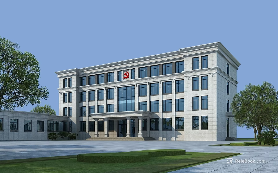 Modern Office Building With Stone Facade Large Windows Grand Entrance And Landscaped Surroundings 3d model 