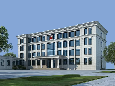 Modern Office Building With Stone Facade Large Windows Grand Entrance And Landscaped Surroundings 3d model