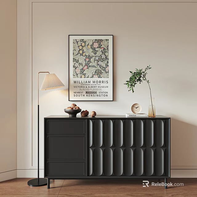 Modern Black Entryway Cabinet With Green Plant Decorative Items Floor Lamp And Wall Art 3d model 