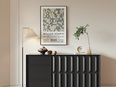 Modern Black Entryway Cabinet With Green Plant Decorative Items Floor Lamp And Wall Art 3d model