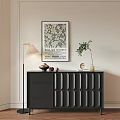 Modern Black Entryway Cabinet With Green Plant Decorative Items Floor Lamp And Wall Art