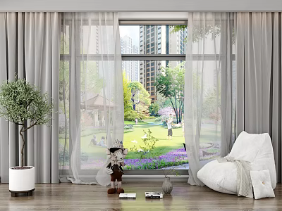 White Sheer Curtains With Indoor Potted Tree And Bean Bag Chair By Window 3d model