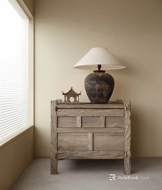 Wooden Bedside Table with Drawers Ceramic Lamp White Lampshade and Small Pagoda Ornament 3d model 