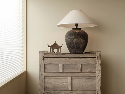 Wooden Bedside Table with Drawers Ceramic Lamp White Lampshade and Small Pagoda Ornament 3d model