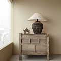 Wooden Bedside Table with Drawers Ceramic Lamp White Lampshade and Small Pagoda Ornament