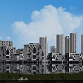 Modern High rise Residential Buildings By Lakeside With Glass Curtain Walls Greenery And Water Reflections