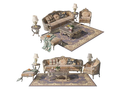 Luxurious Classic Sofa And Coffee Table Set With Armchair Decorative Rug Side Table And Lamp 3d model