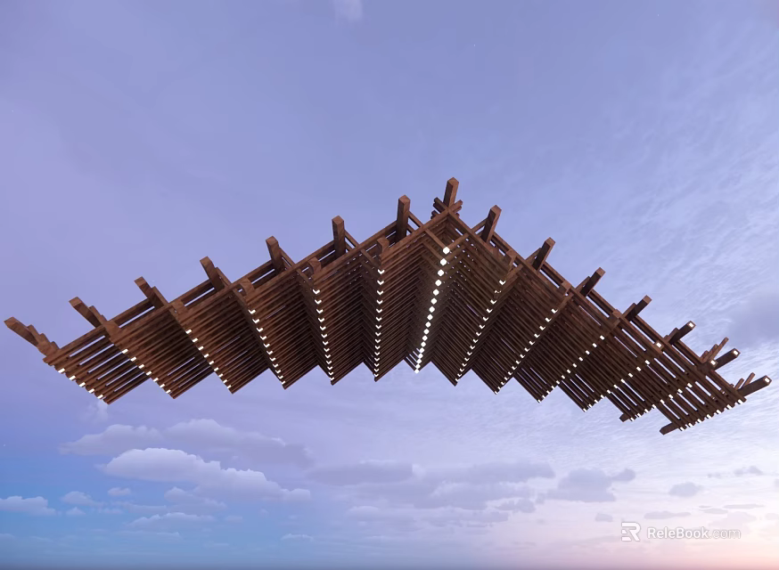 Wooden Arched Architectural Structure with Lighted Slats Against Sky and Clouds 3d model 