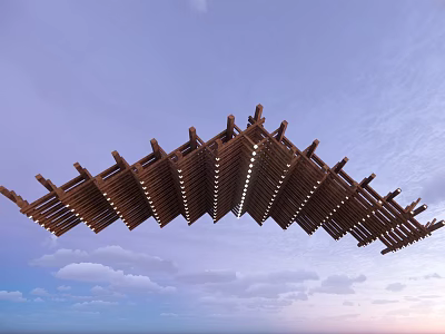 Wooden Arched Architectural Structure with Lighted Slats Against Sky and Clouds 3d model