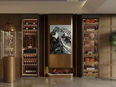 Luxury Modern Wine Cabinet Design With Fireplace Decorative Painting And Green Plant 3d model