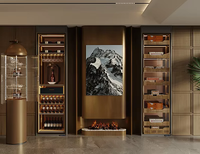 Luxury Modern Wine Cabinet Design With Fireplace Decorative Painting And Green Plant 3d model