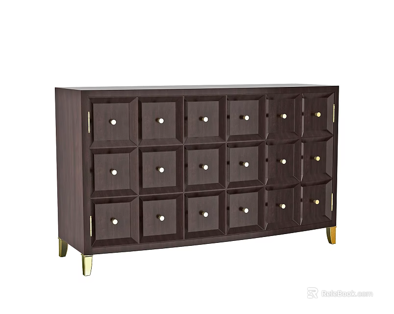 Modern Dark Brown Decorative Cabinet With Grid Pattern Drawers Circular Knobs And Golden Legs 3d model 