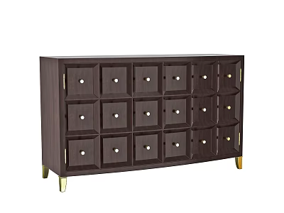 Modern Dark Brown Decorative Cabinet With Grid Pattern Drawers Circular Knobs And Golden Legs 3d model