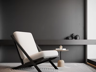 Stylish White Single Sofa With Black Frame And Side Table On Patterned Rug 3d model