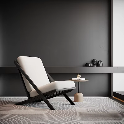 Stylish White Single Sofa With Black Frame And Side Table On Patterned Rug 3d model