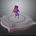Character With Purple Pink Hair And Animal Ears Standing On Polygonal Platform With Red Ring