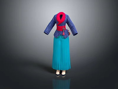 Man Wearing Traditional Blue Jacket Red Belt and Cyan Skirt Costume 3d model