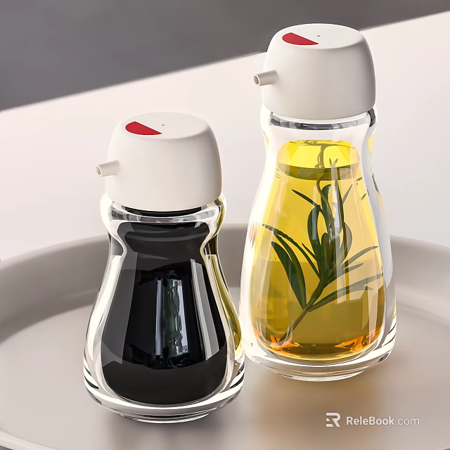 Transparent Condiment Bottles With White Lids Black Yellow Liquids And Rosemary On Light Plate 3d model 