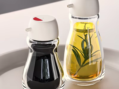 Transparent Condiment Bottles With White Lids Black Yellow Liquids And Rosemary On Light Plate 3d model