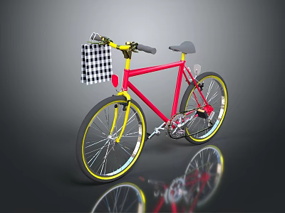 Stylish Red Bicycle With Yellow Handlebars And Black White Checkered Decoration 3d model