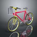 Stylish Red Bicycle With Yellow Handlebars And Black White Checkered Decoration