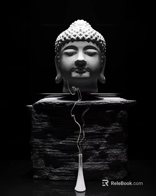 Artistic Buddha Head Sculpture Carving On Textured Stone Pedestal With Intricate Details 3d model 