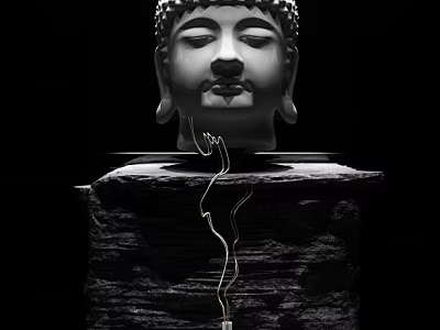 Artistic Buddha Head Sculpture Carving On Textured Stone Pedestal With Intricate Details 3d model