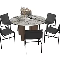 Round Marble Dining Table Set With Modern Black Chairs And Vase 3d model