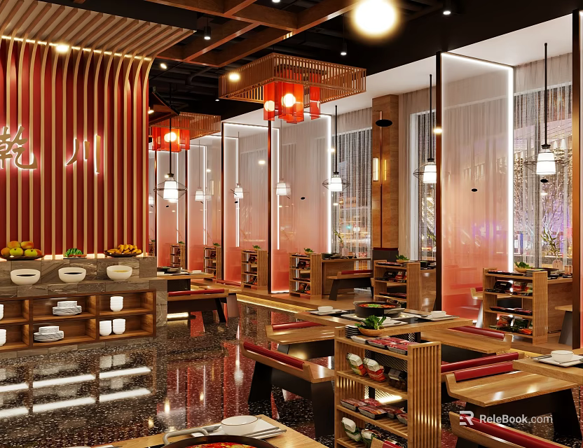 Traditional Chinese Style Hot Pot Restaurant Interior With Red Lanterns And Wooden Furniture 3d model 