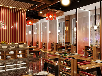 Traditional Chinese Style Hot Pot Restaurant Interior With Red Lanterns And Wooden Furniture 3d model