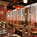 Traditional Chinese Style Hot Pot Restaurant Interior With Red Lanterns And Wooden Furniture