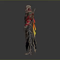 Game Movie Character in Red and Gold Intricate Armor with Flame Effect Standing Pose