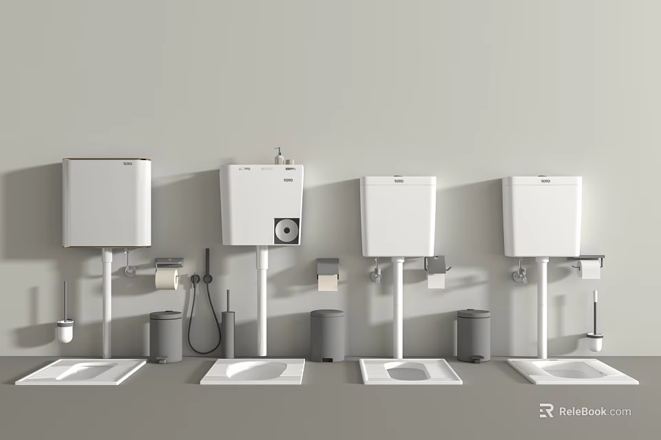 Modern Bathroom Toilets With White Cisterns Toilet Paper Holders And Trash Cans 3d model 