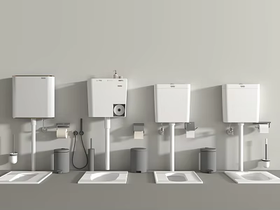 Modern Bathroom Toilets With White Cisterns Toilet Paper Holders And Trash Cans 3d model